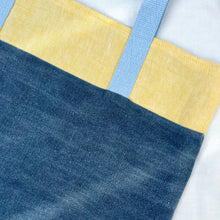 Load image into Gallery viewer, Tote bag. 100% linen tote bag. Stonewashed yellow and blue grey linen. Lined with an ex designer linen fabric.