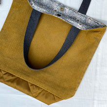 Load image into Gallery viewer, Tote bag. Hand bag. Shopper bag. Golden mustard corduroy and golden brown woven quilt shopper bag.