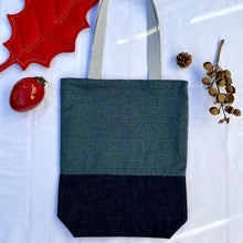 Load image into Gallery viewer, Tote bag. Vintage Japanese kimono fabric. Blue grey textured seigaiha pattern. Indigo blue cotton denim bottom.