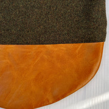 Load image into Gallery viewer, Tote bag. Luxurious dark olive green tweed wool fabric and saddle brown leather round bottom.