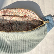 Load image into Gallery viewer, One-of-a-kind tote sling bag. Gorgeous sage green and dusty pink corduroy. Lined with a pink paisley cotton poplin fabric.