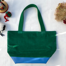 Load image into Gallery viewer, xs Handbag. Bag. Ex designer green cotton needlecord and blue leather handbag.