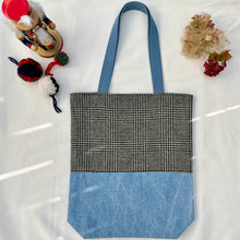 Load image into Gallery viewer, Tote bag. Black and white « Prince of Wales » patterned wool and light blue denim tote. Ex designer fabric.