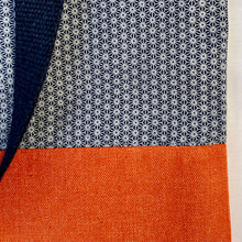 Load image into Gallery viewer, Tote bag. Vintage Japanese kimono fabric. Blue asanoha pattern. Orange cotton denim bottom.