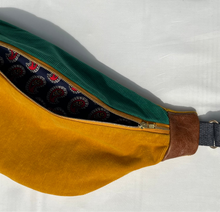 Load image into Gallery viewer, One-of-a-kind tote sling bag. Luxurious green and canary yellow cotton needlecord. Lined with a gorgeous red paisley cotton poplin fabric.