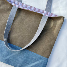 Load image into Gallery viewer, Tote bag. Light camel brown cotton canvas and stonewashed light blue denim tote.