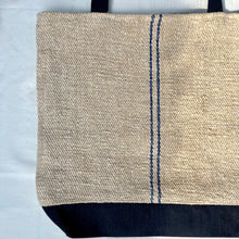 Load image into Gallery viewer, Tote bag. Vintage grain sack tote bag. Handwoven. Vertical blue stripes. Indigo blue denim.