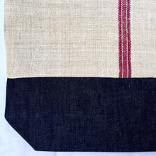 Load image into Gallery viewer, Tote bag. Vintage grain sack tote bag. Vertical burgundy stripe and indigo blue denim bottom.