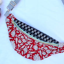 Load image into Gallery viewer, One-of-a-kind tote sling bag. Red and black Indian block print fabric.