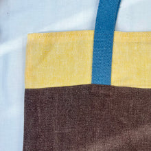 Load image into Gallery viewer, Tote bag. 100% linen tote bag. Stonewashed yellow and brown linen. Lined with an ex designer linen fabric.