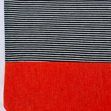 Load image into Gallery viewer, One of a kind bag. Tote Bag. Navy blue and white stripe cotton denim with an organic orange cotton denim bottom.