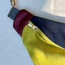 Load image into Gallery viewer, One-of-a-kind tote sling bag. Gorgeous navy blue and lime green corduroy. Lined with a navy blue and lime green striped cotton poplin fabric.