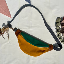 Load image into Gallery viewer, One-of-a-kind tote sling bag. Luxurious green and canary yellow cotton needlecord. Lined with a gorgeous red paisley cotton poplin fabric.