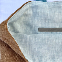 Load image into Gallery viewer, XL Tote Bag. Natural stonewashed brown French linen fabric and a blue cotton denim bottom.