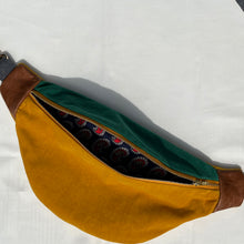 Load image into Gallery viewer, One-of-a-kind tote sling bag. Luxurious green and canary yellow cotton needlecord. Lined with a gorgeous red paisley cotton poplin fabric.