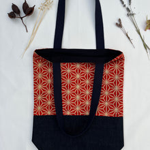 Load image into Gallery viewer, Tote bag. Vintage Japanese kimono fabric with a blue indigo denim bottom.