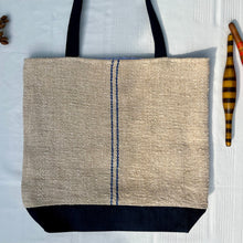 Load image into Gallery viewer, Tote bag. Vintage grain sack tote bag. Handwoven. Vertical blue stripes. Indigo blue denim.