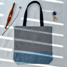 Load image into Gallery viewer, One of a kind bag. Tote Bag. Striped blue and white cotton denim with a dark blue denim bottom.