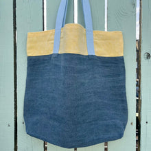Load image into Gallery viewer, Tote bag. 100% linen tote bag. Stonewashed yellow and blue grey linen. Lined with an ex designer linen fabric.