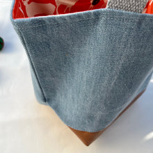 Load image into Gallery viewer, xs Handbag. Bag. Light blue cotton denim and brown leather handbag.