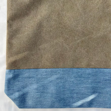 Load image into Gallery viewer, Tote bag. Light camel brown cotton canvas and stonewashed light blue denim tote.