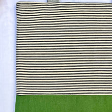 Load image into Gallery viewer, One of a kind bag. Tote Bag. Organic black and off white stripe cotton denim with a green denim bottom.