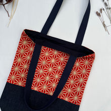 Load image into Gallery viewer, Tote bag. Vintage Japanese kimono fabric with a blue indigo denim bottom.