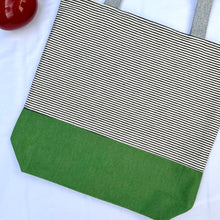 Load image into Gallery viewer, One of a kind bag. Tote Bag. Organic black and off white stripe cotton denim with a green denim bottom.