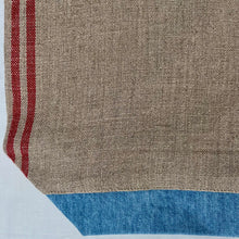 Load image into Gallery viewer, XL Tote Bag. Natural French linen fabric with raspberry red stripes and a light blue denim bottom.