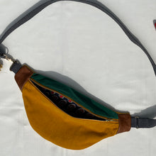 Load image into Gallery viewer, One-of-a-kind tote sling bag. Luxurious green and canary yellow cotton needlecord. Lined with a gorgeous red paisley cotton poplin fabric.