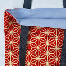 Load image into Gallery viewer, Tote bag. Vintage Japanese kimono fabric with a stonewashed yellow cotton canvas bottom.