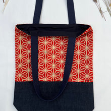 Load image into Gallery viewer, Tote bag. Vintage Japanese kimono fabric with a blue indigo denim bottom.