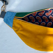 Load image into Gallery viewer, One-of-a-kind tote sling bag. Luxurious green and canary yellow cotton needlecord. Lined with a gorgeous red paisley cotton poplin fabric.