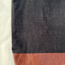 Load image into Gallery viewer, Tote bag. Luxurious fine wool fabric with small blue and brown squares and upcycled chocolate brown leather round bottom.