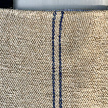 Load image into Gallery viewer, Tote bag. Vintage grain sack tote bag. Handwoven. Vertical blue stripes. Indigo blue denim.