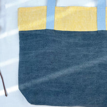 Load image into Gallery viewer, Tote bag. 100% linen tote bag. Stonewashed yellow and blue grey linen. Lined with an ex designer linen fabric.