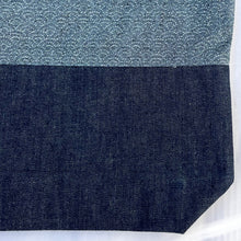 Load image into Gallery viewer, Tote bag. Vintage Japanese kimono fabric. Blue grey textured seigaiha pattern. Indigo blue cotton denim bottom.