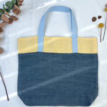 Load image into Gallery viewer, Tote bag. 100% linen tote bag. Stonewashed yellow and blue grey linen. Lined with an ex designer linen fabric.