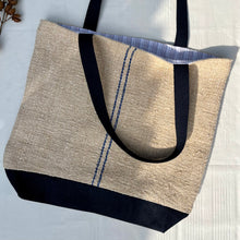 Load image into Gallery viewer, Tote bag. Vintage grain sack tote bag. Handwoven. Vertical blue stripes. Indigo blue denim.