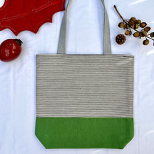 Load image into Gallery viewer, One of a kind bag. Tote Bag. Organic black and off white stripe cotton denim with a green denim bottom.