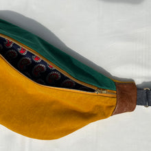 Load image into Gallery viewer, One-of-a-kind tote sling bag. Luxurious green and canary yellow cotton needlecord. Lined with a gorgeous red paisley cotton poplin fabric.