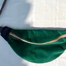 Load image into Gallery viewer, One-of-a-kind tote sling bag. Luxurious green cotton needlecord. With navy blue leather sides. Lined with a gorgeous blue and green striped cotton poplin fabric.