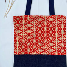 Load image into Gallery viewer, Tote bag. Vintage Japanese kimono fabric with a blue indigo denim bottom.