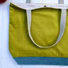 Load image into Gallery viewer, XL Tote bag. Lime green corduroy and blue cotton denim tote bag.