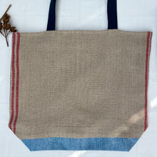Load image into Gallery viewer, XL Tote Bag. Natural French linen fabric with raspberry red stripes and a light blue denim bottom.