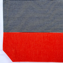 Load image into Gallery viewer, One of a kind bag. Tote Bag. Navy blue and white stripe cotton denim with an organic orange cotton denim bottom.