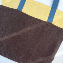 Load image into Gallery viewer, Tote bag. 100% linen tote bag. Stonewashed yellow and brown linen. Lined with an ex designer linen fabric.