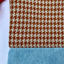 Load image into Gallery viewer, Tote bag. Luxurious grey and brown houndstooth patterned wool and blue cotton denim tote. Ex designer fabric.