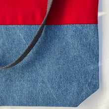 Load image into Gallery viewer, Tote bag. Ex designer red wool and blue denim tote.