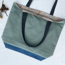 Load image into Gallery viewer, XL Tote bag. Sage green cotton corduroy and blue cotton denim tote bag.